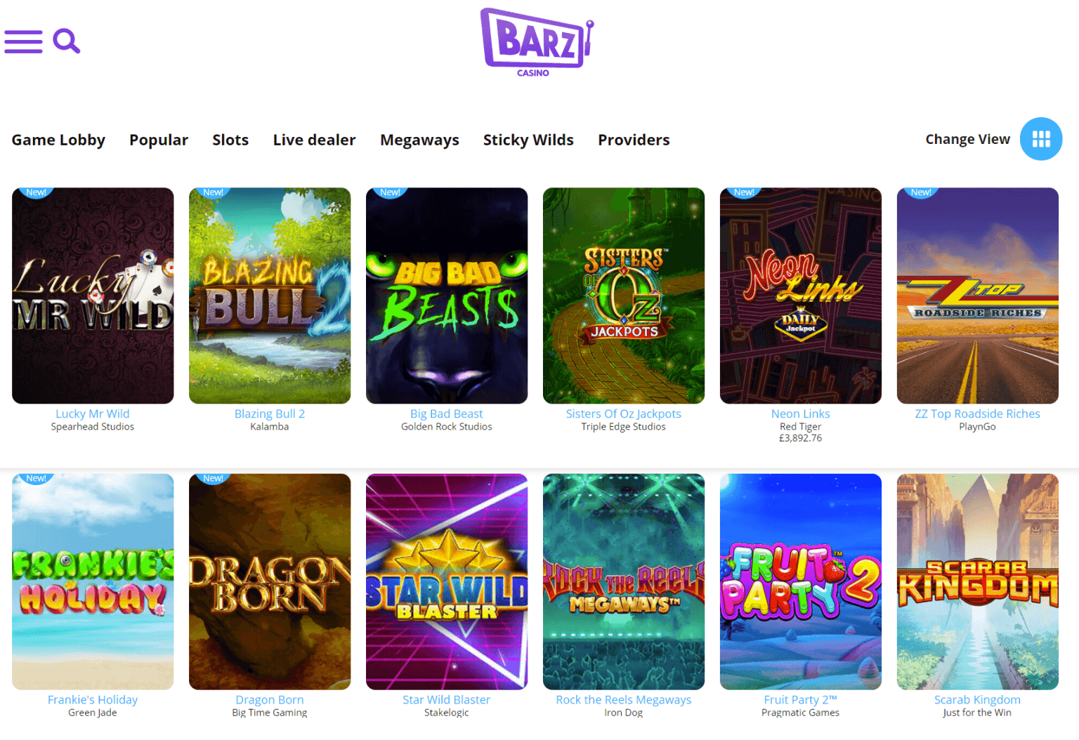 Another screenshot of the Barz website showing the latest additions to the casino. Most of the new games are slots, and they all have a unique thumbnail and logo