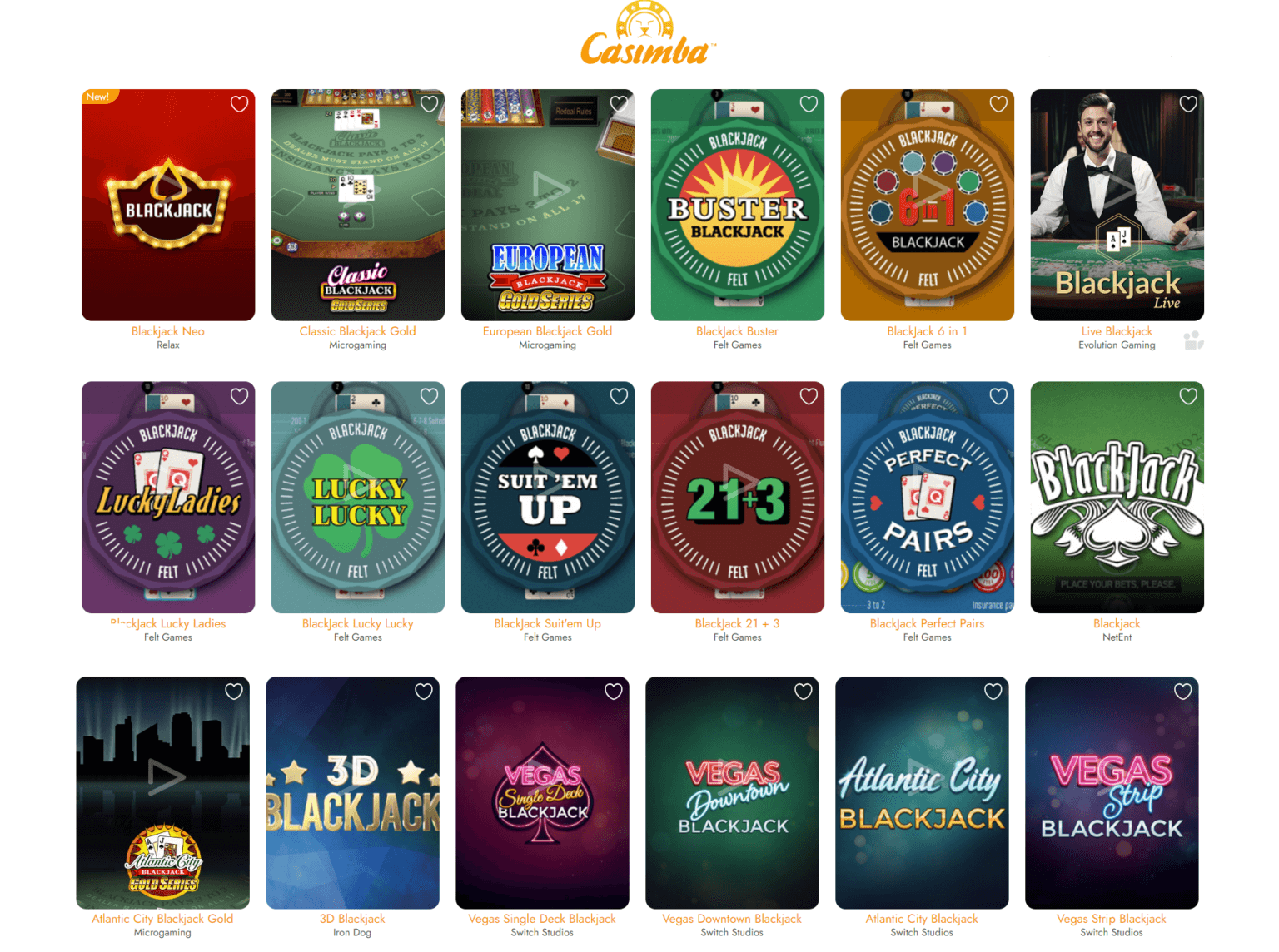 A screenshot showing the extensive list of blackjack tables available at Casimba
