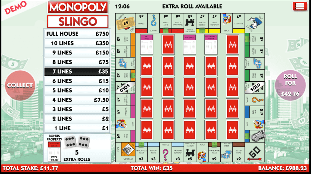 A screenshot of the Monopoly Slingo casino game