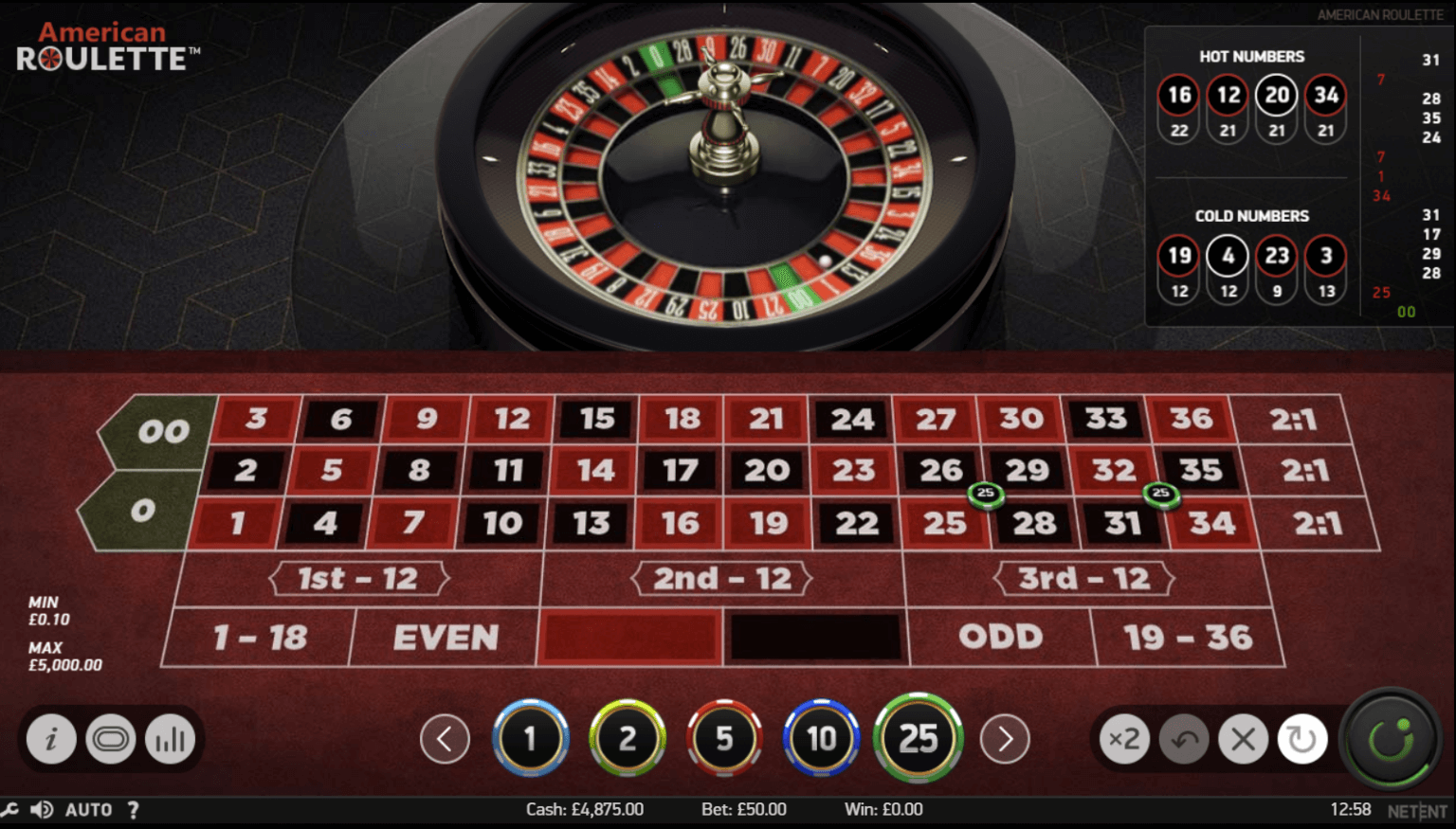 A screenshot of NetEnt's American Roultte casino game. The image shows the betting table and roulette wheel.