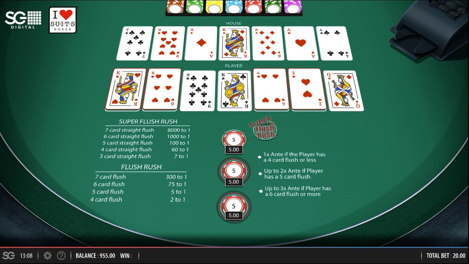 A screenshot of the I Luv Suits poker game. There are five cards for the player, and five for the dealer. Whoever has the better flush wins!