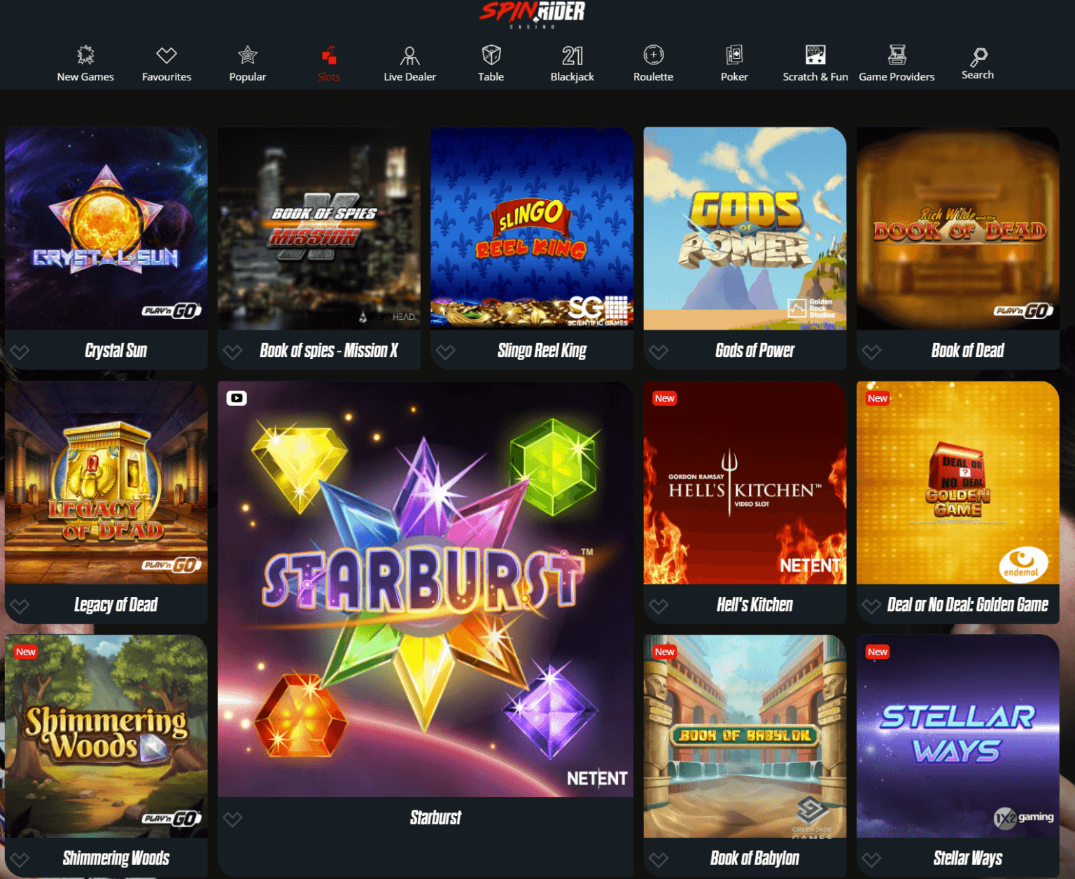 A screenshot showing the various slots you can play at Spin Rider