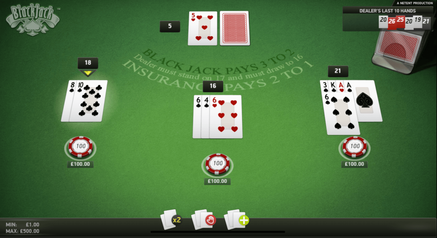 A screenshot of the NetEnt Blackjack game where the user is playing three hands at once