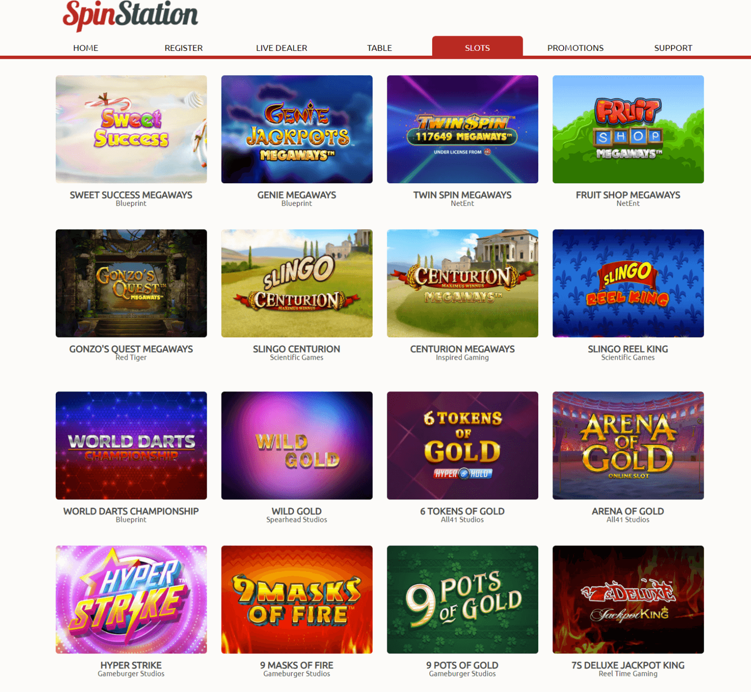 A selection of the various slots you can play at Spin Station