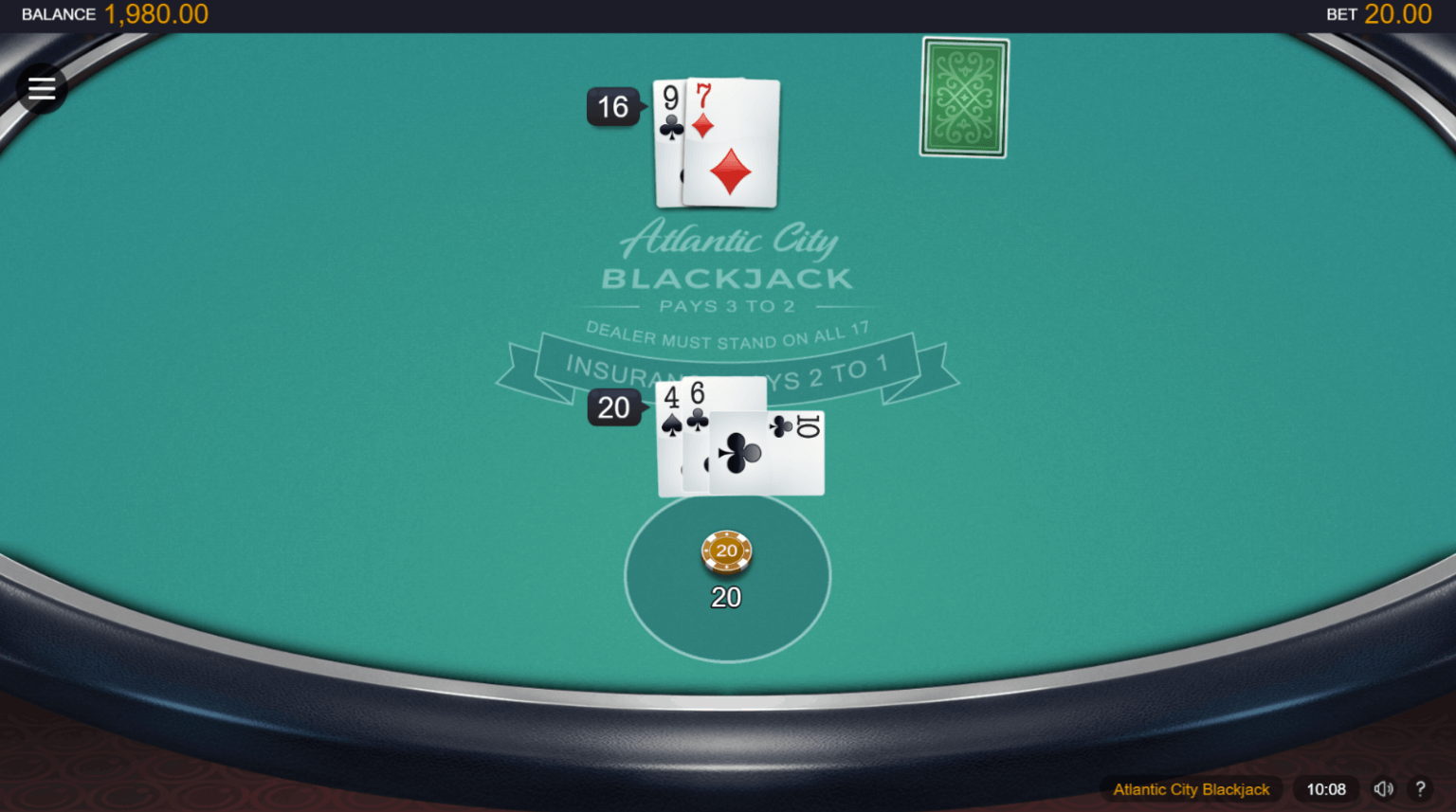 A screenshot of Atlantic City Blackjack where the player has a total of 20