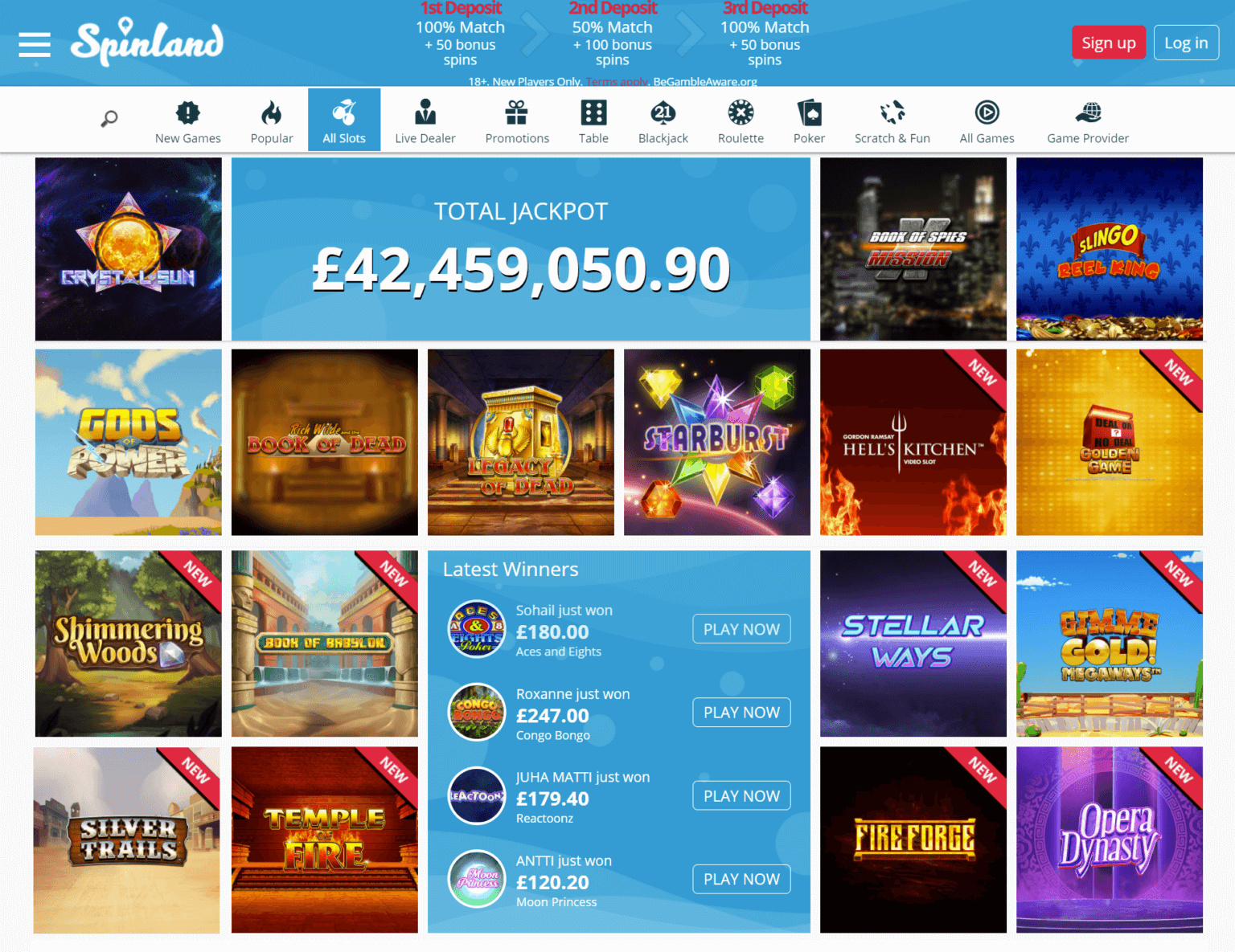 A screenshot of the Spinland slots page