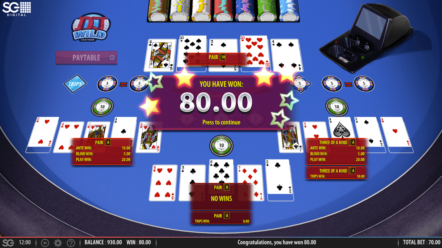 A screenshot of DJ Wild Stud Poker where the player won two of three hands played