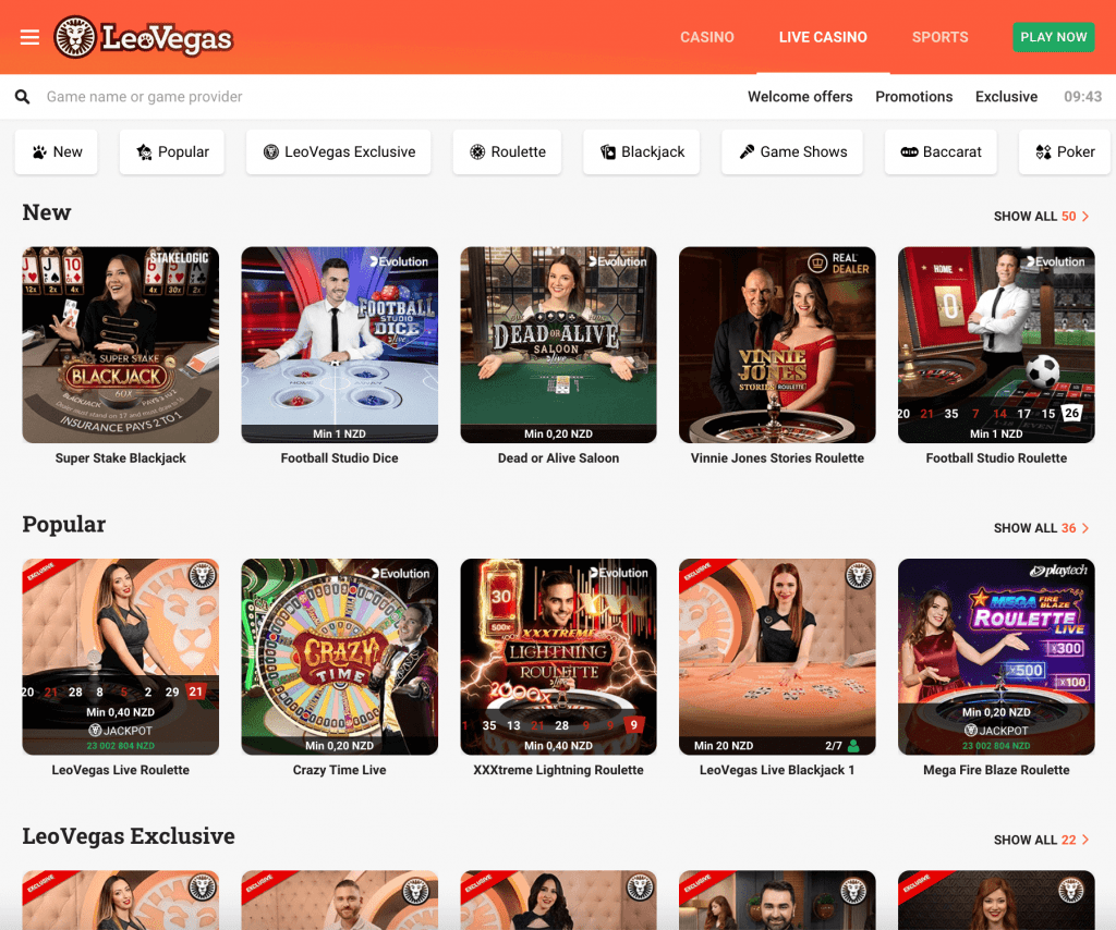 LeoVegas live casino game thumbnails image