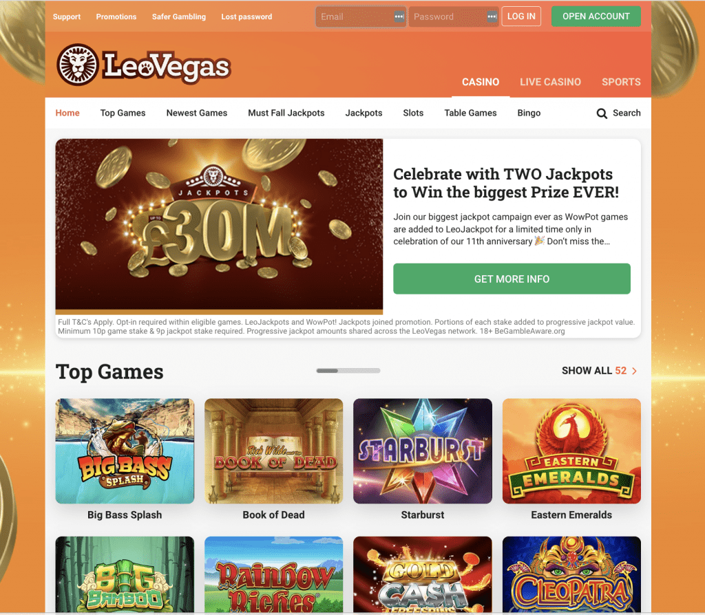 LeoVegas Casino Home page image with promo and game images